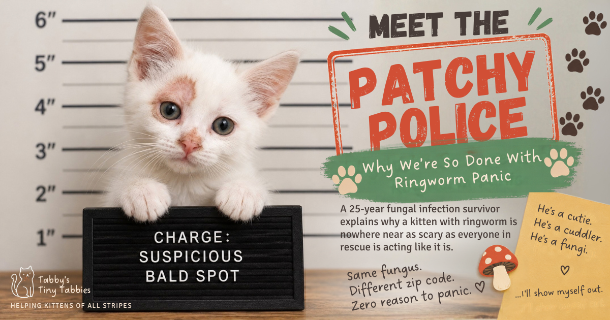 Booking-photo style poster of a white kitten with a patchy eye standing behind a letterboard that reads "Charge: suspicious bald spot" — Meet the Patchy Police: Why We're So Done With Ringworm Panic