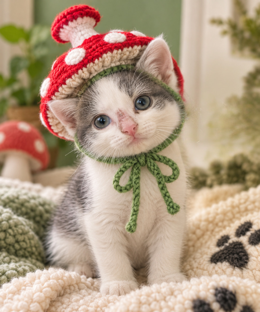 A tabby-and-white kitten wearing a hand-crocheted red-and-white mushroom cap tied with a green bow, sitting on a fuzzy blanket